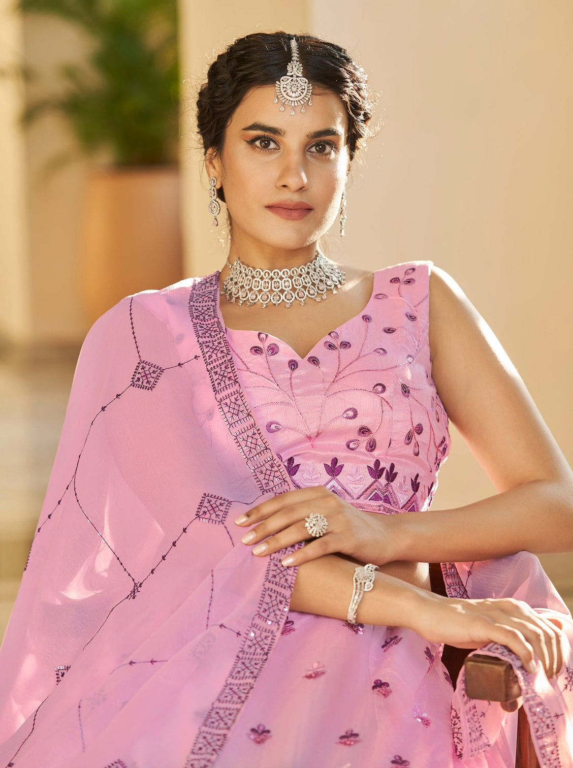 Dusty Pink Purple Thread And Sequins Embroidered Work Art Silk Festive & Party Wear Semi Stitched Lehenga