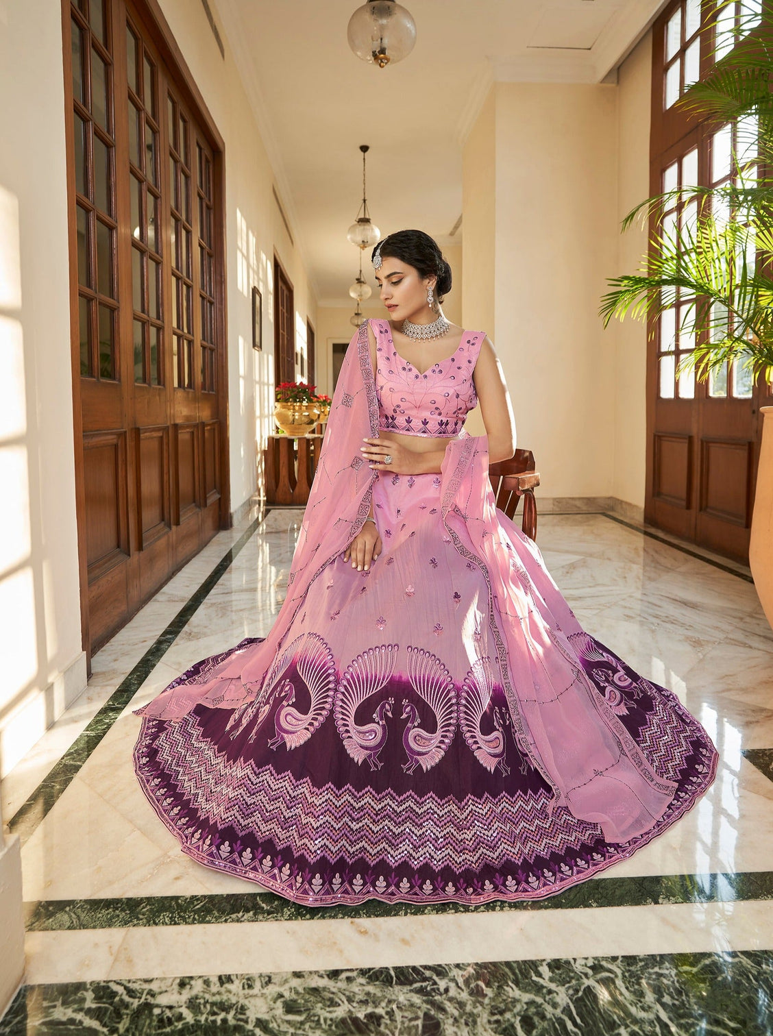 Dusty Pink Purple Thread And Sequins Embroidered Work Art Silk Festive & Party Wear Semi Stitched Lehenga
