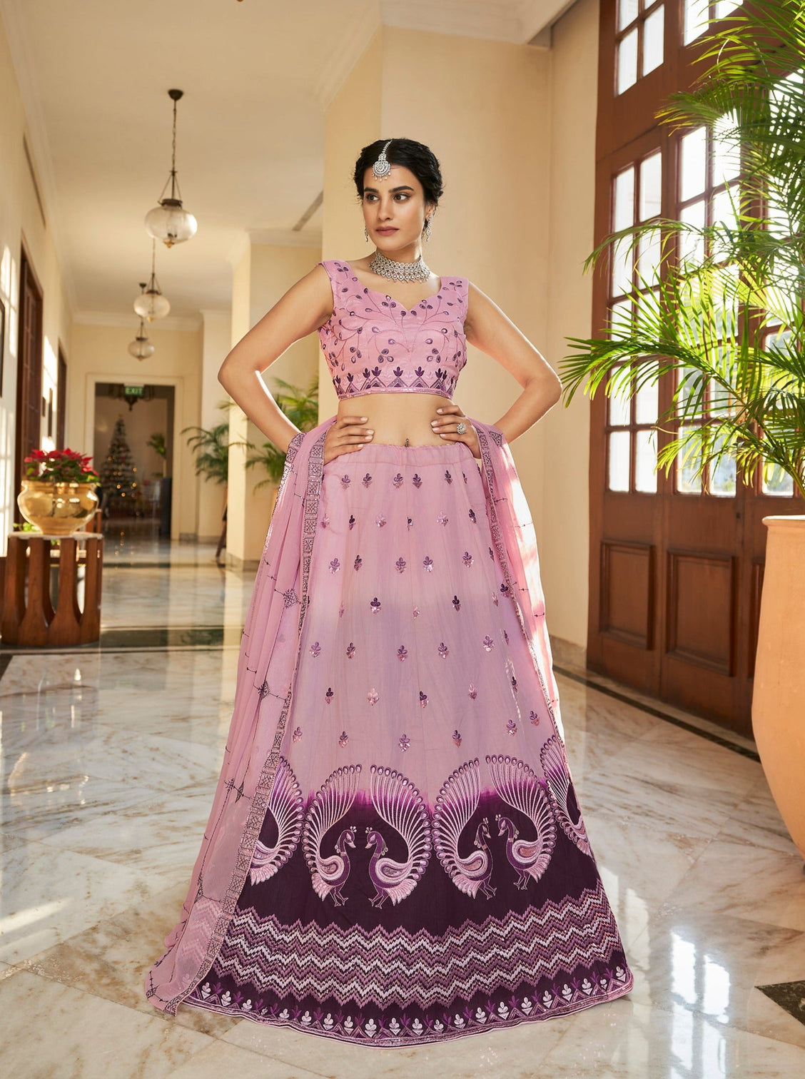 Dusty Pink Purple Thread And Sequins Embroidered Work Art Silk Festive & Party Wear Semi Stitched Lehenga