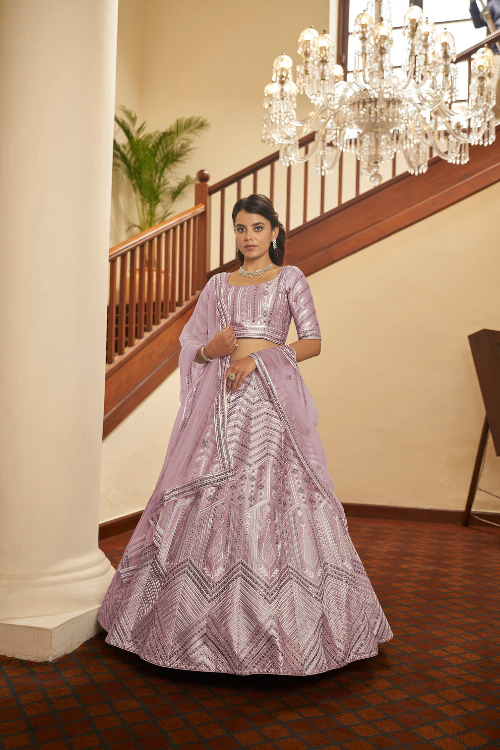 Dusty Pink Silk Embroidered Wedding Party Contemporary Circular Bollywood Style Lehenga Choli