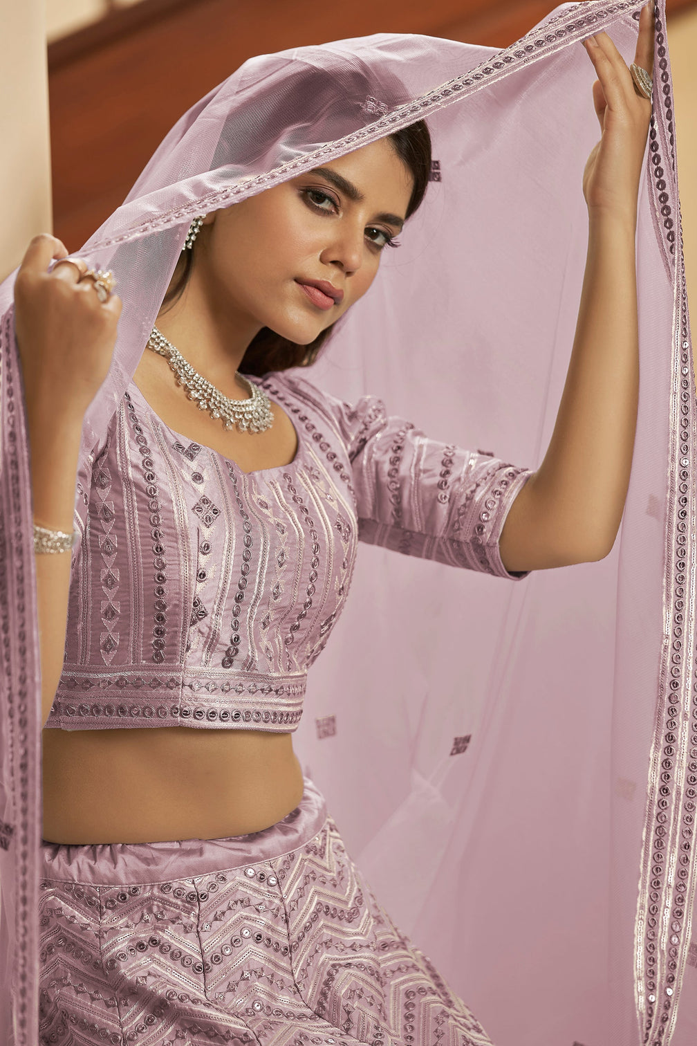 Dusty Pink Silk Embroidered Wedding Party Contemporary Circular Bollywood Style Lehenga Choli