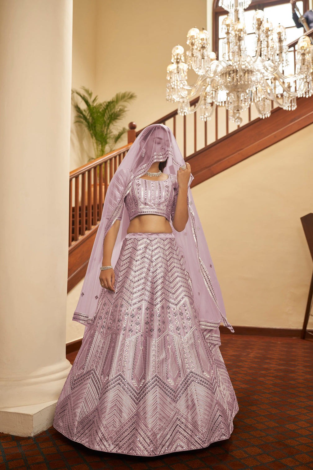 Dusty Pink Silk Embroidered Wedding Party Contemporary Circular Bollywood Style Lehenga Choli