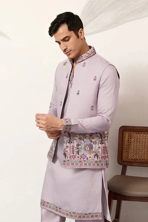 Indian Traditional Dusty Lavender Koti Kurta Pant Wedding Set