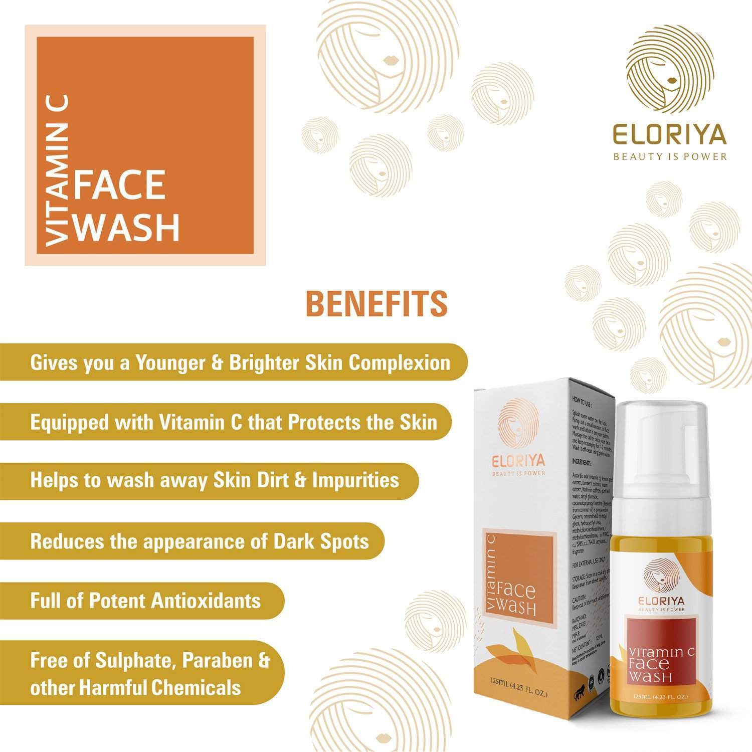 ELORIYA Vitamin C Foaming Face Wash,125 ml - For Skin Purification and Cleansing