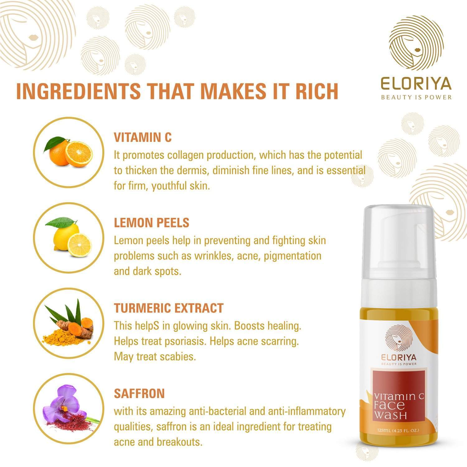 ELORIYA Vitamin C Foaming Face Wash,125 ml - For Skin Purification and Cleansing