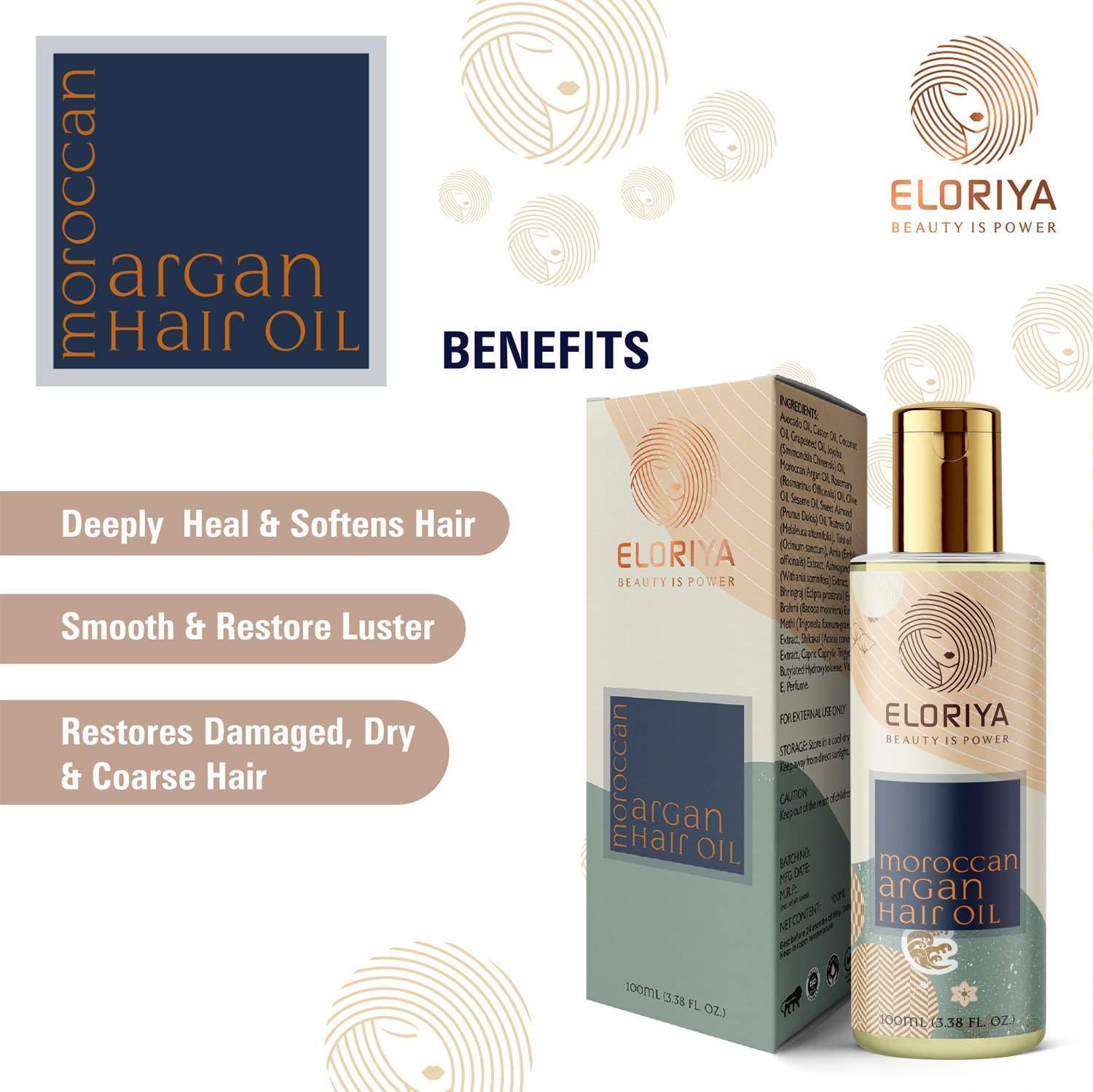 ELORIYA Moroccan Argan Hair Oil for Restores Shining and Strengthening of Hair for Men and Women, 100 Ml