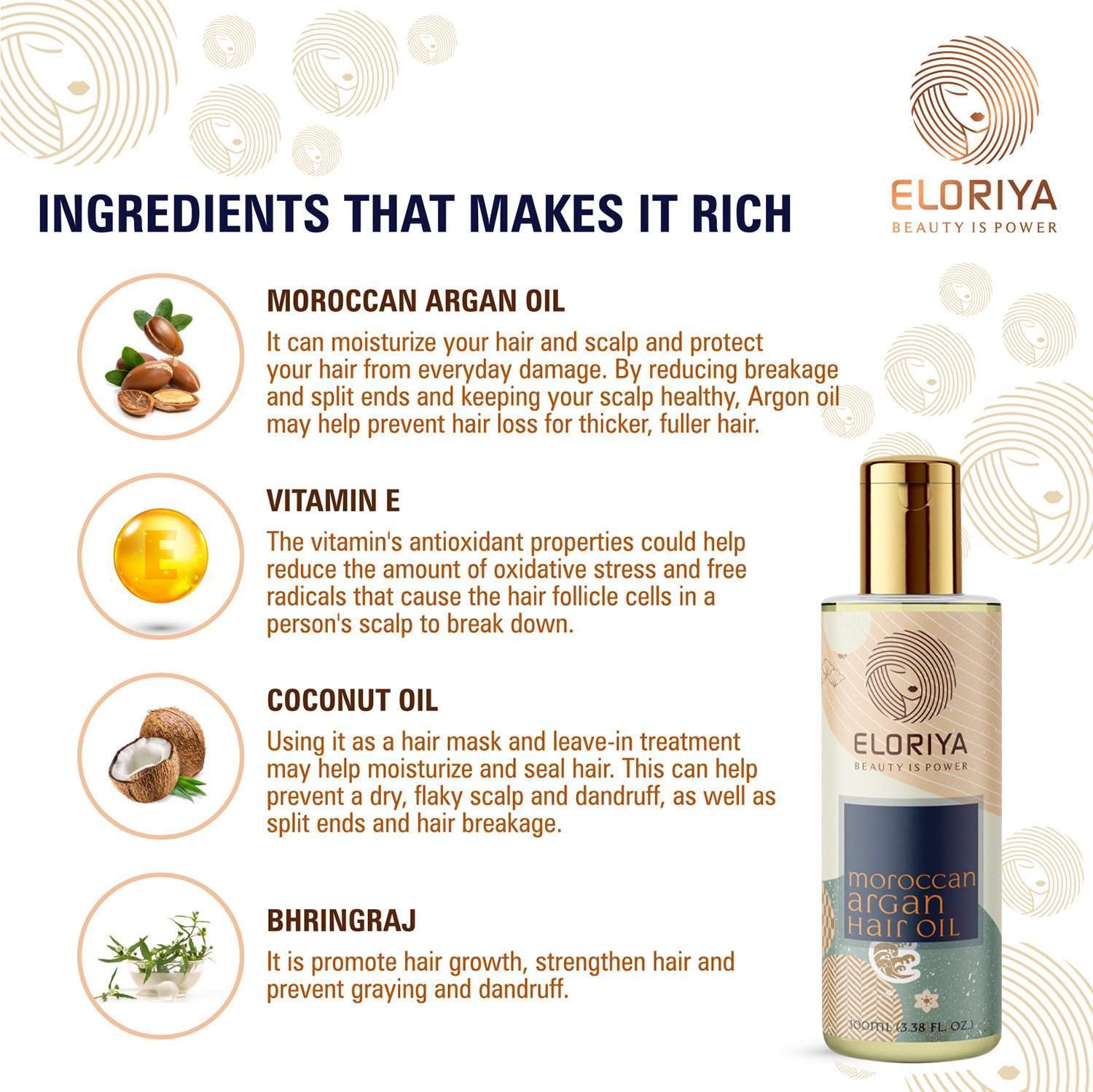 ELORIYA Moroccan Argan Hair Oil for Restores Shining and Strengthening of Hair for Men and Women, 100 Ml