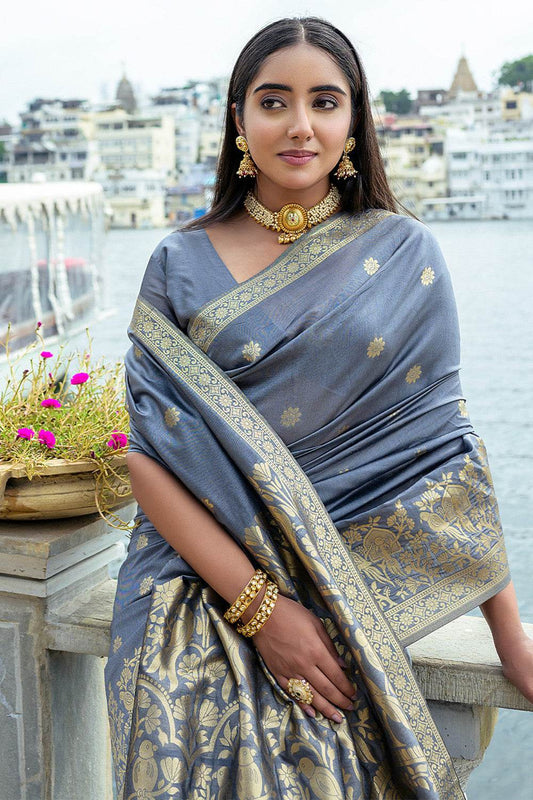 Grey Silk Blend Saree With Blouse Piece Grey