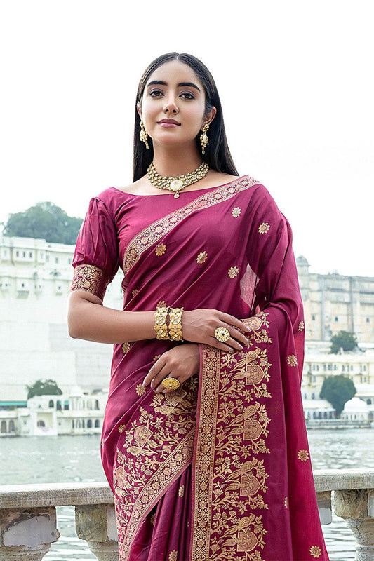 Maroon Silk Blend Saree With Blouse Piece Maroon