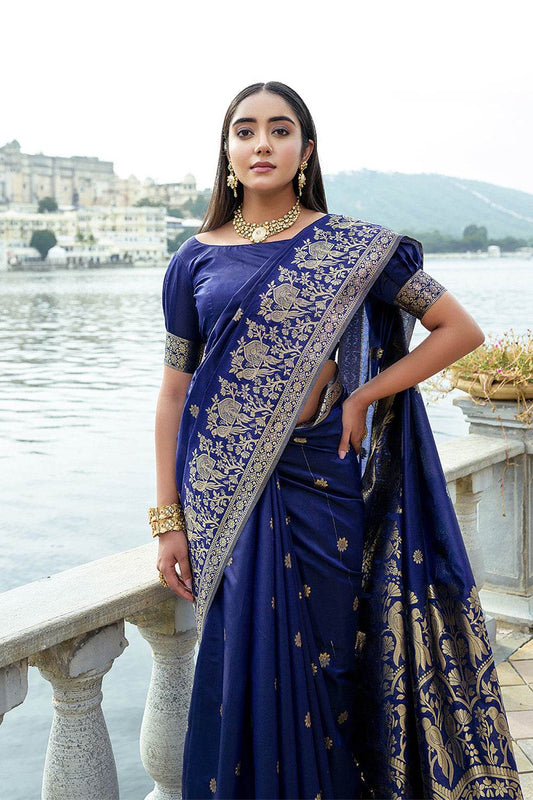 Navy Blue Silk Blend Saree With Blouse Piece Navy Blue