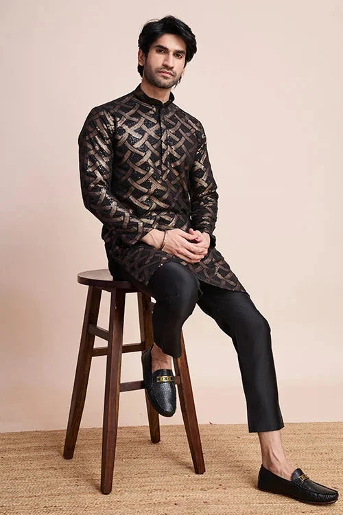 Designer Black Silk Kurta for Men - Festival Ready Wear