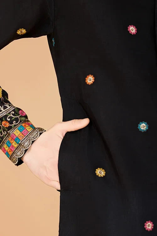 Black Viscose Silk Men's Designer Kurta