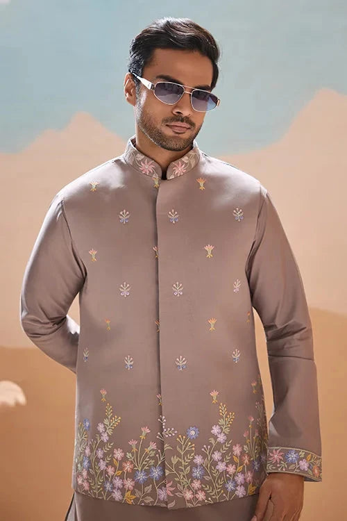 Elegant Grey Embroidered Koti Kurta Pant for Mens