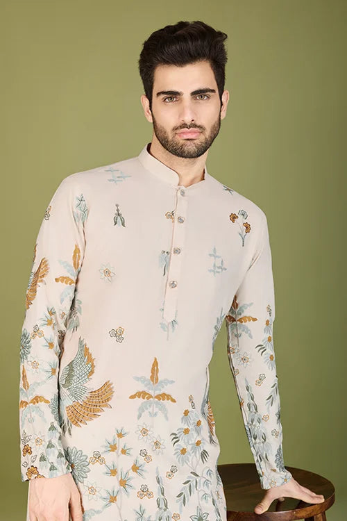 Ivory Viscose Rayon Designer Men's Kurta