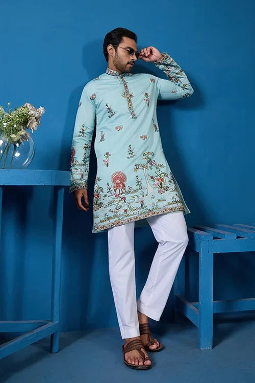 Wedding Celebration Elegant Sky Kurta for Mens Wear