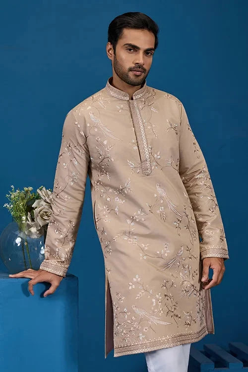 Elegant Beige Embroidered Viscose Silk Kurta for Mens