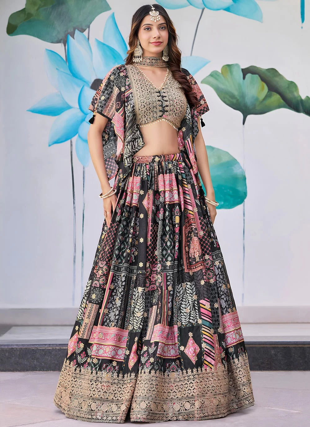 Elegant black dori embroidered chinnon silk partywear lehenga choli with dupatta
