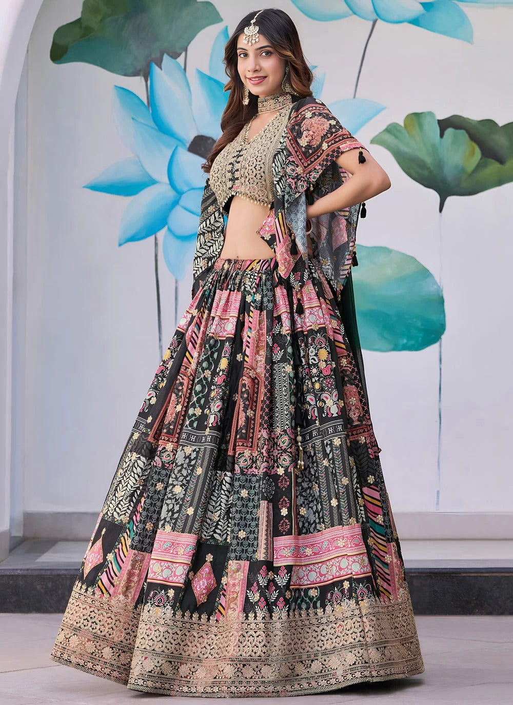 Elegant black dori embroidered chinnon silk partywear lehenga choli with dupatta