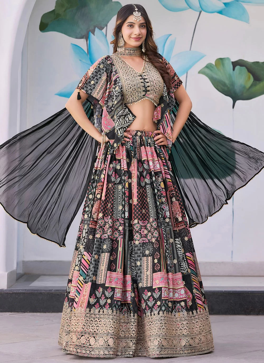 Elegant black dori embroidered chinnon silk partywear lehenga choli with dupatta