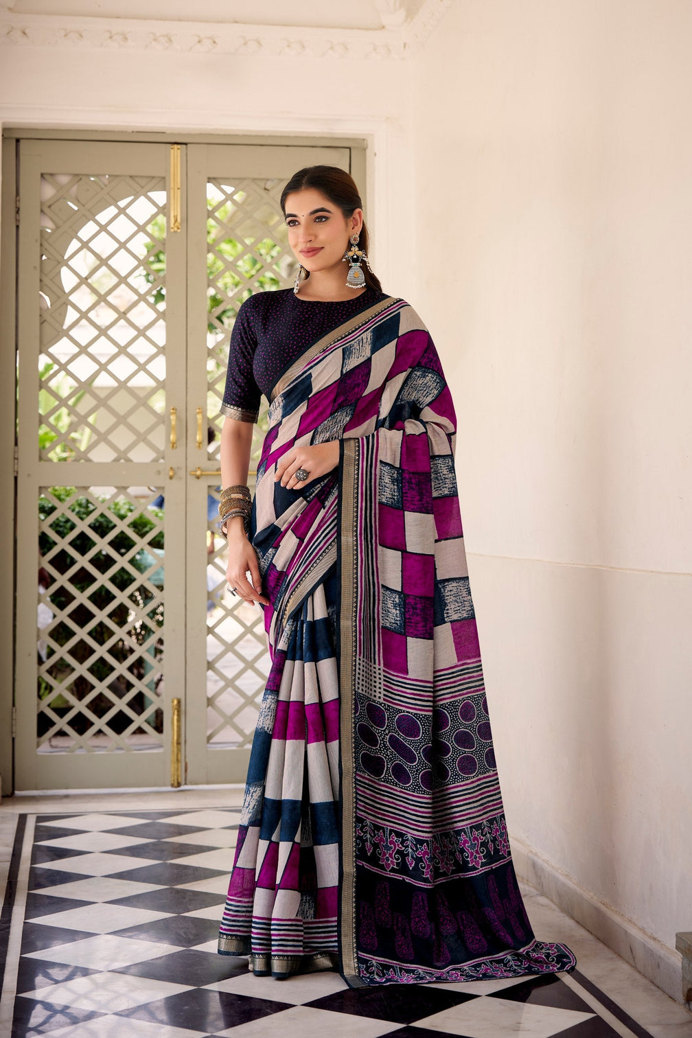 Elegant Chanderi Printed Saree with Temple Border & Matching Blouse