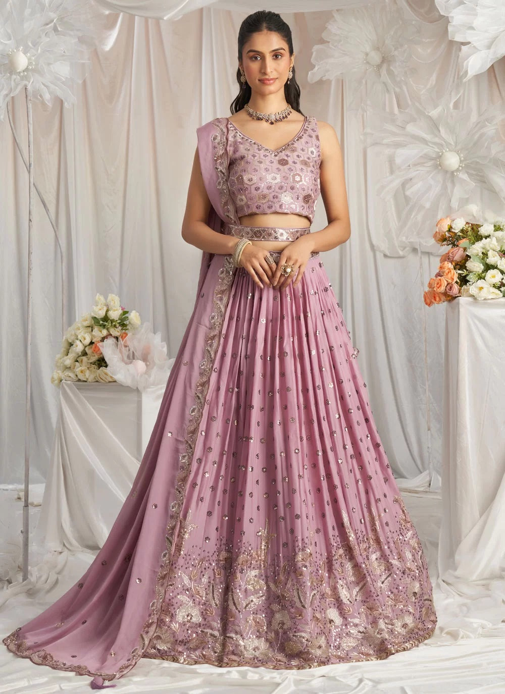 Elegant lavender embroidered sangeet lehenga in poly georgette with sequins thread work