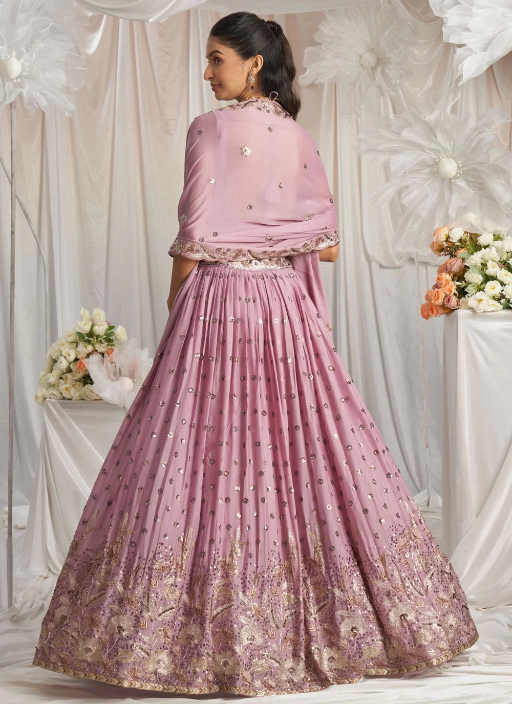 Elegant lavender embroidered sangeet lehenga in poly georgette with sequins thread work
