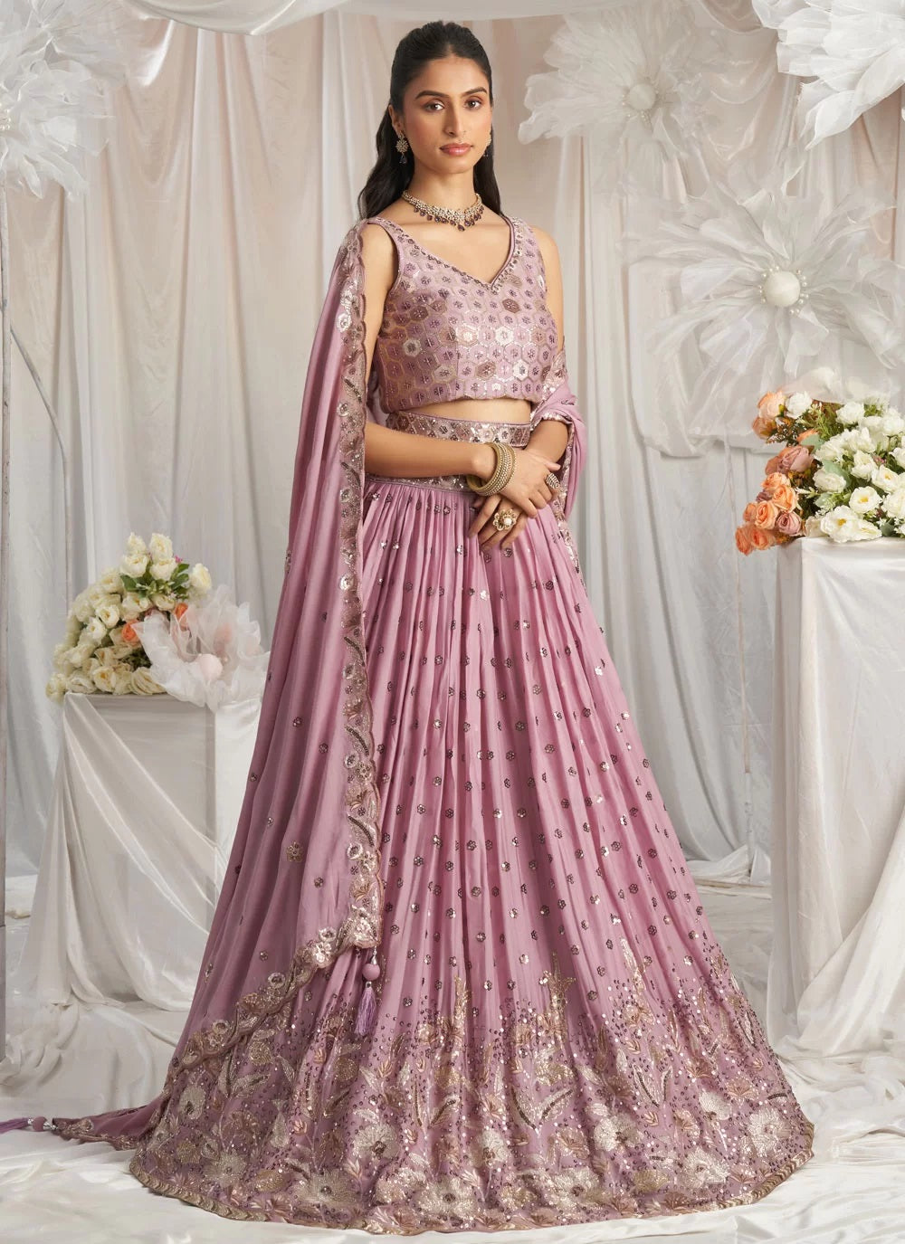 Elegant lavender embroidered sangeet lehenga in poly georgette with sequins thread work