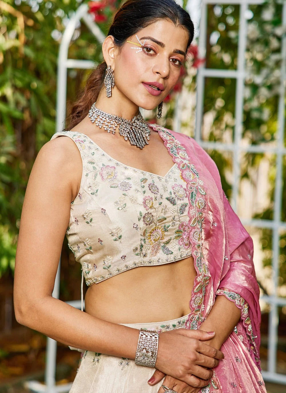 Elegant pink tissue embroidered lehenga choli for parties