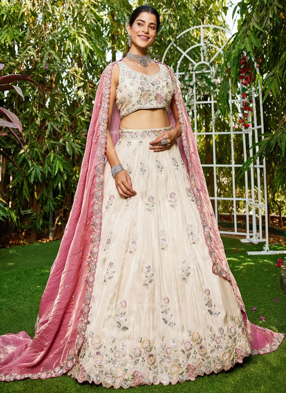 Elegant pink tissue embroidered lehenga choli for parties