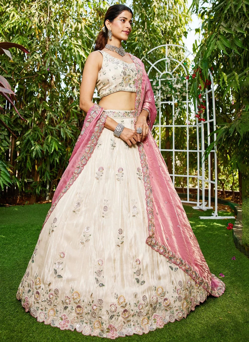 Elegant pink tissue embroidered lehenga choli for parties