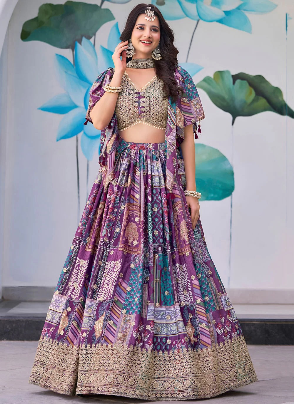Elegant purple chinnon silk embroidered engagement lehenga choli with chiffon dupatta