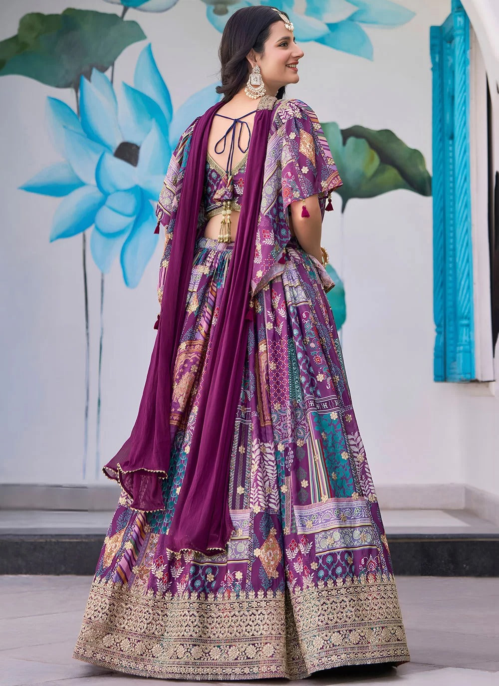 Elegant purple chinnon silk embroidered engagement lehenga choli with chiffon dupatta