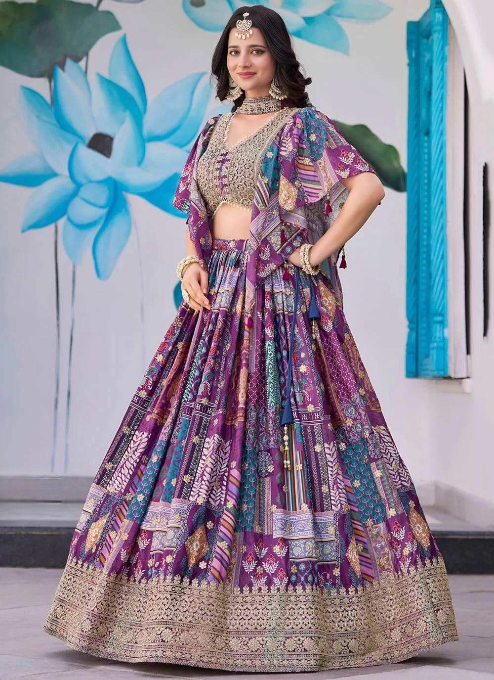 Elegant purple chinnon silk embroidered engagement lehenga choli with chiffon dupatta