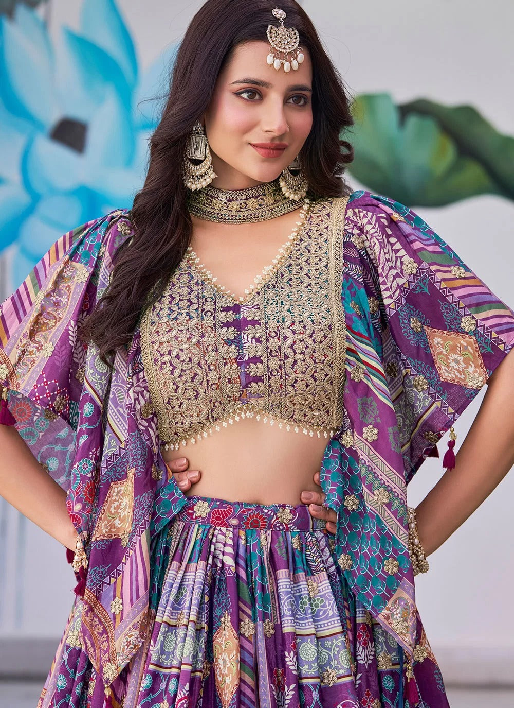 Elegant purple chinnon silk embroidered engagement lehenga choli with chiffon dupatta