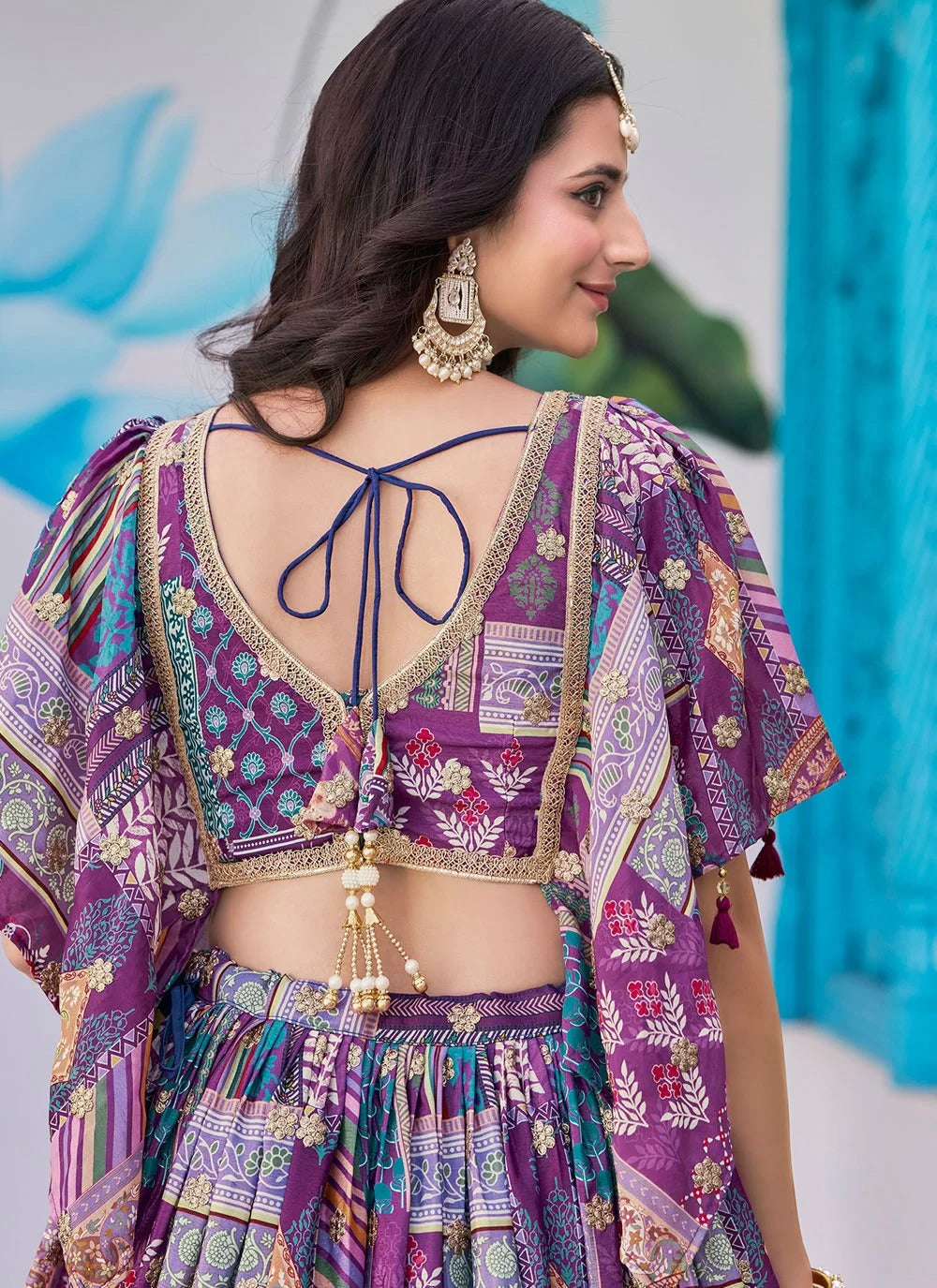 Elegant purple chinnon silk embroidered engagement lehenga choli with chiffon dupatta