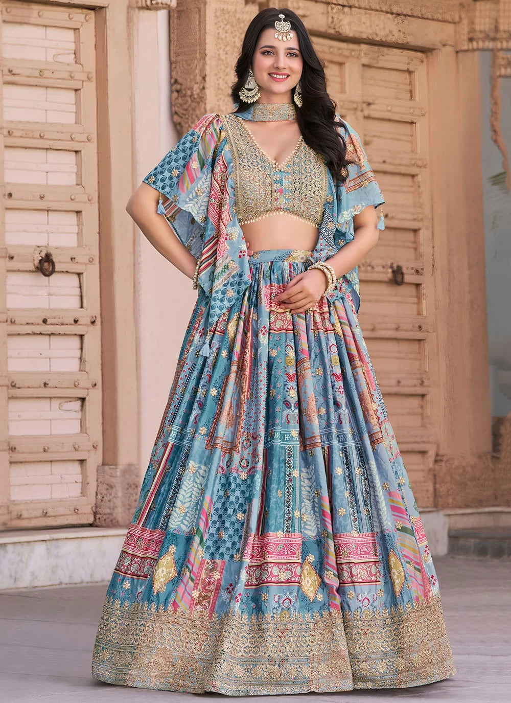 Elegant sky blue chinnon silk embroidered party wear lehenga choli with chiffon dupatta