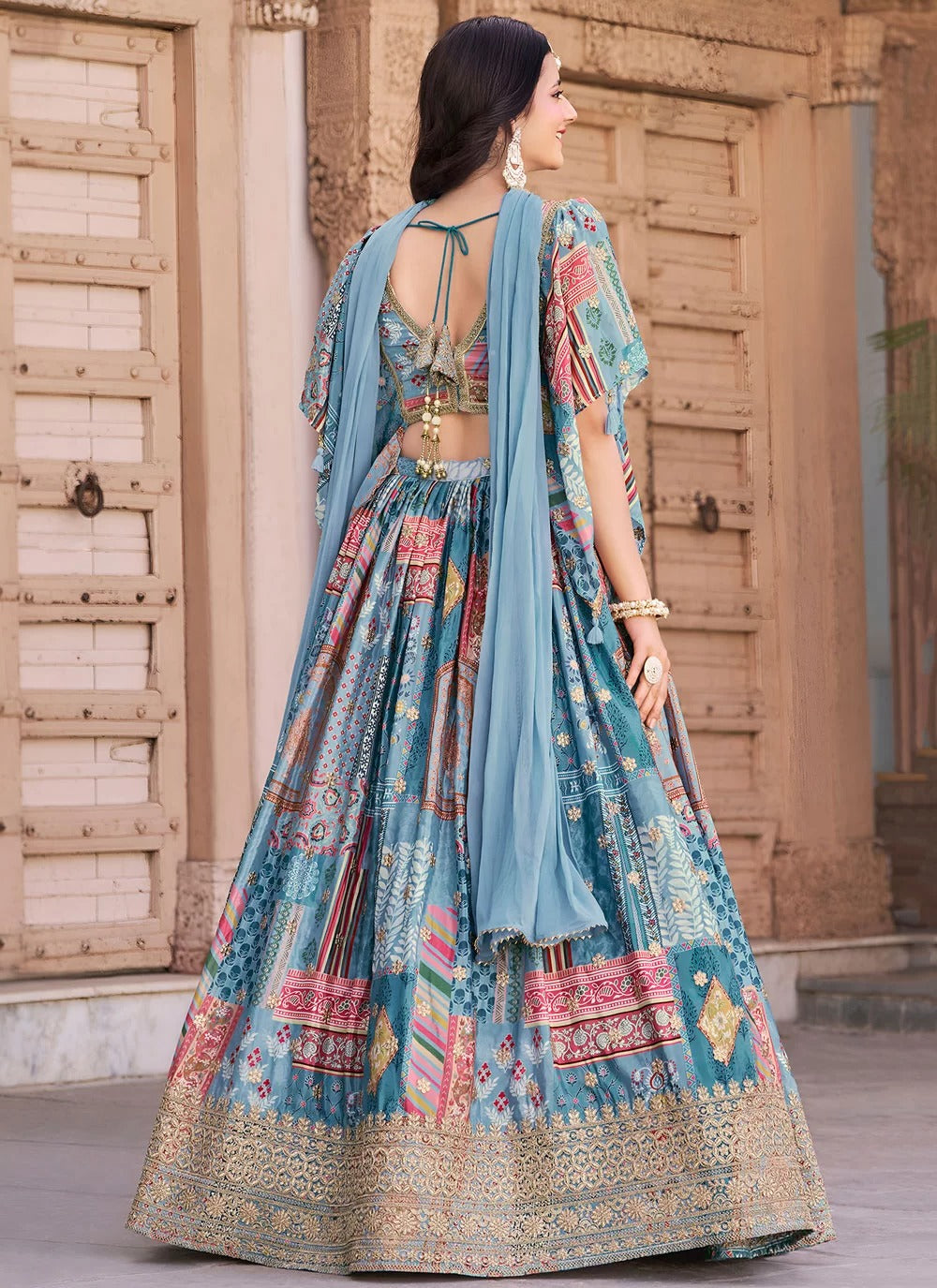 Elegant sky blue chinnon silk embroidered party wear lehenga choli with chiffon dupatta