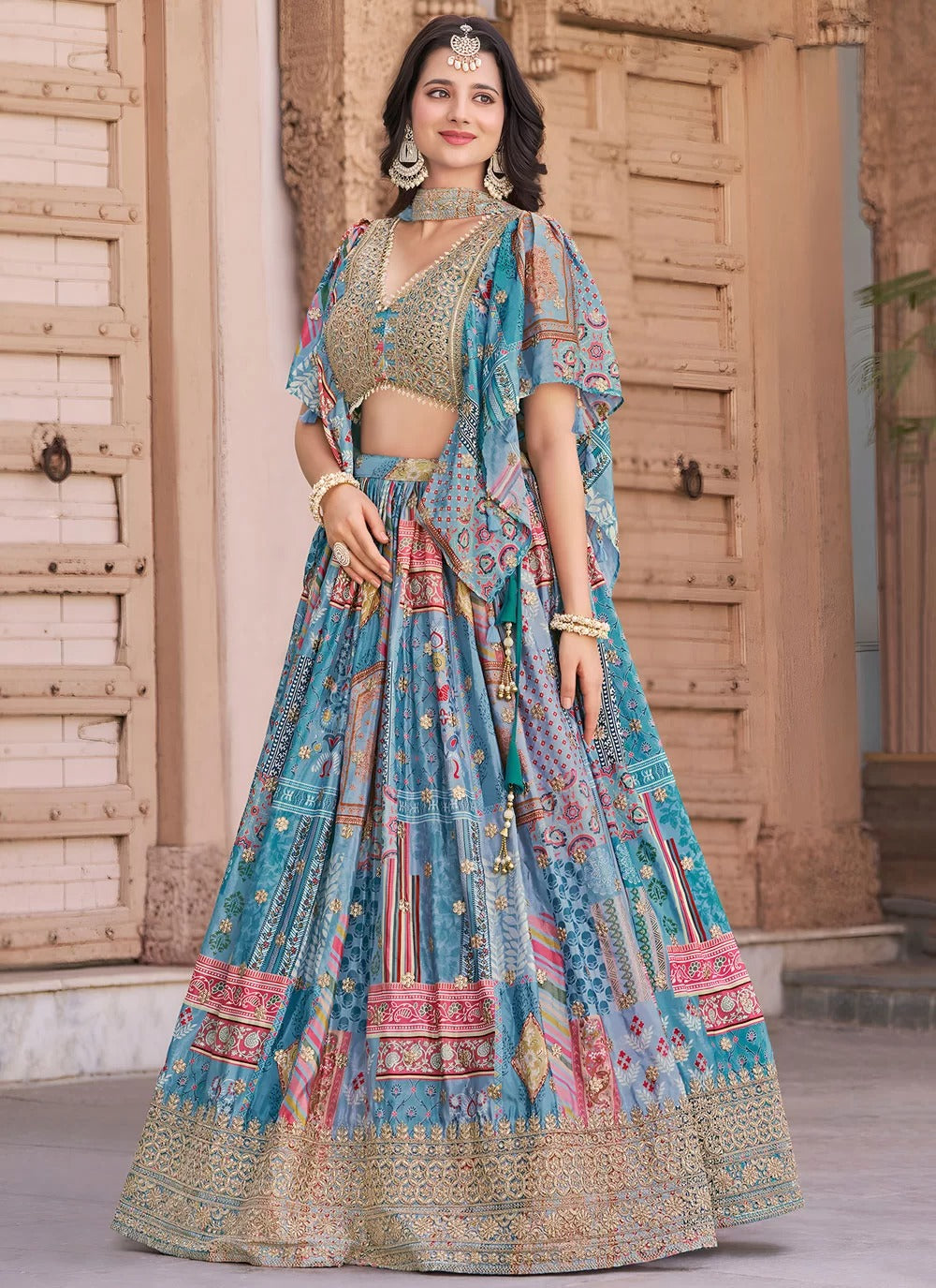 Elegant sky blue chinnon silk embroidered party wear lehenga choli with chiffon dupatta
