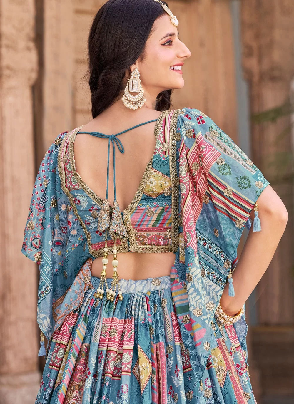 Elegant sky blue chinnon silk embroidered party wear lehenga choli with chiffon dupatta