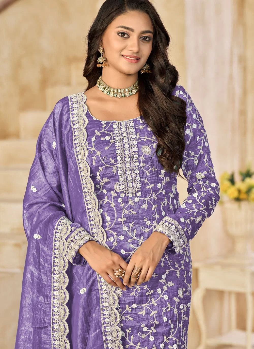 Elegant violet organza gold crush festive salwar kameez set
