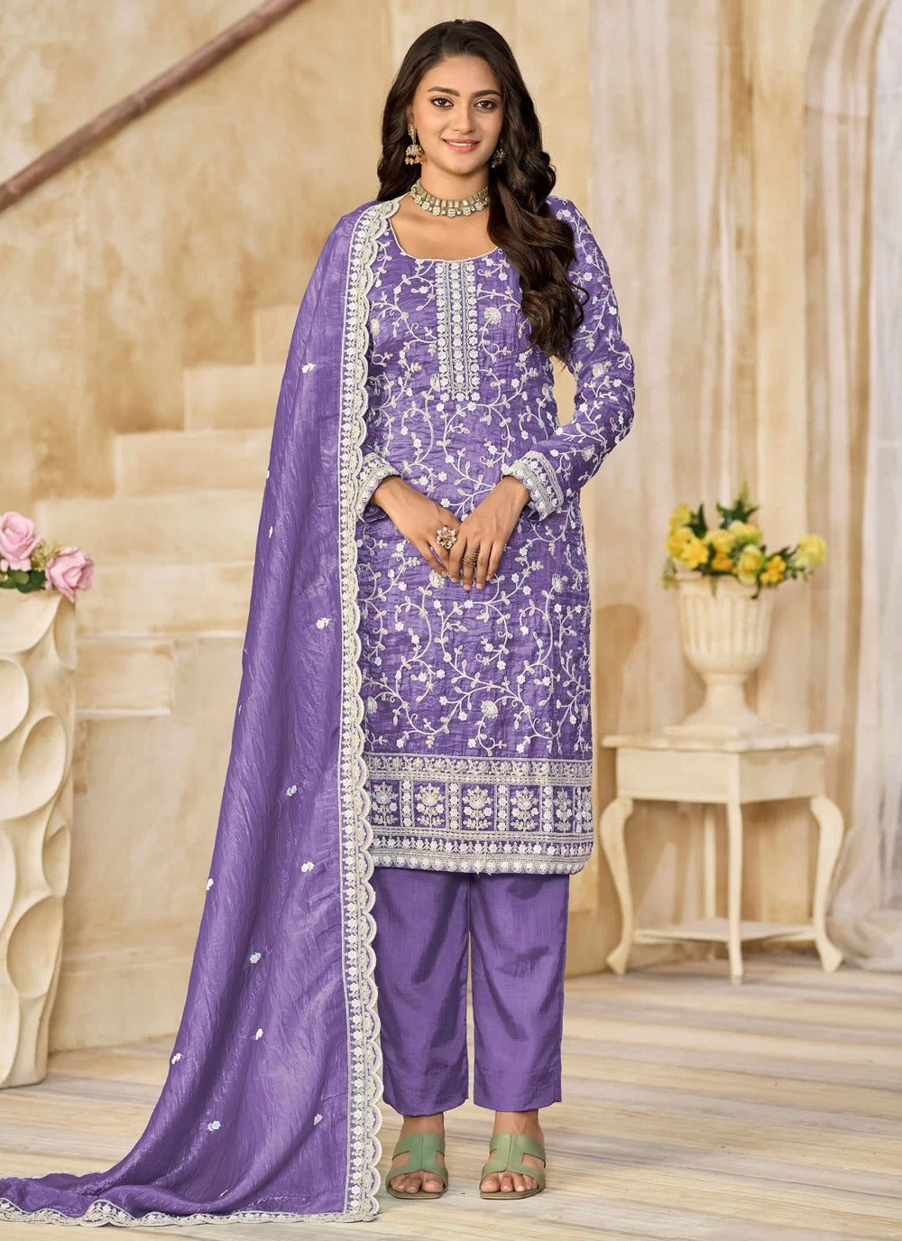 Elegant violet organza gold crush festive salwar kameez set