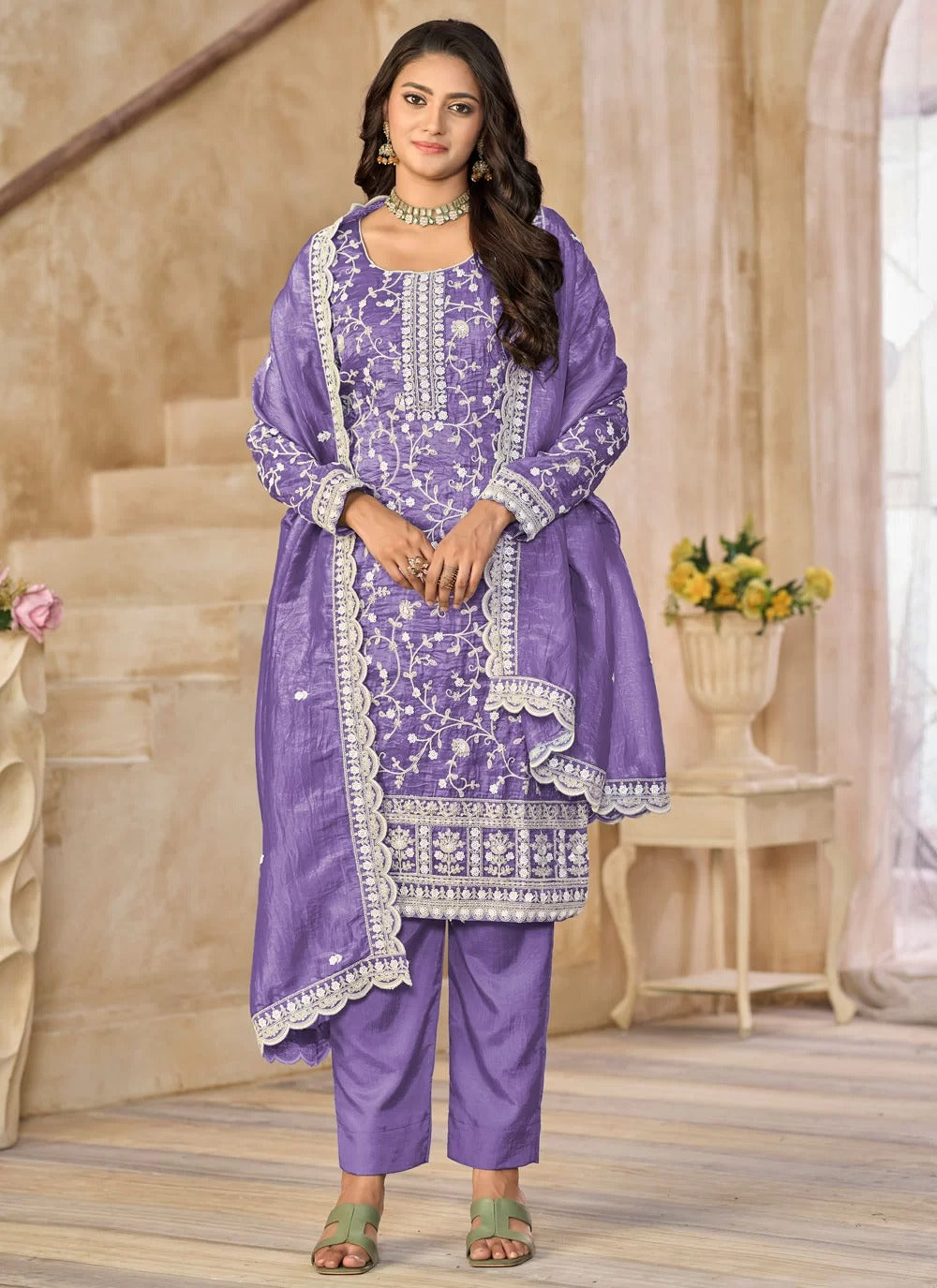 Elegant violet organza gold crush festive salwar kameez set