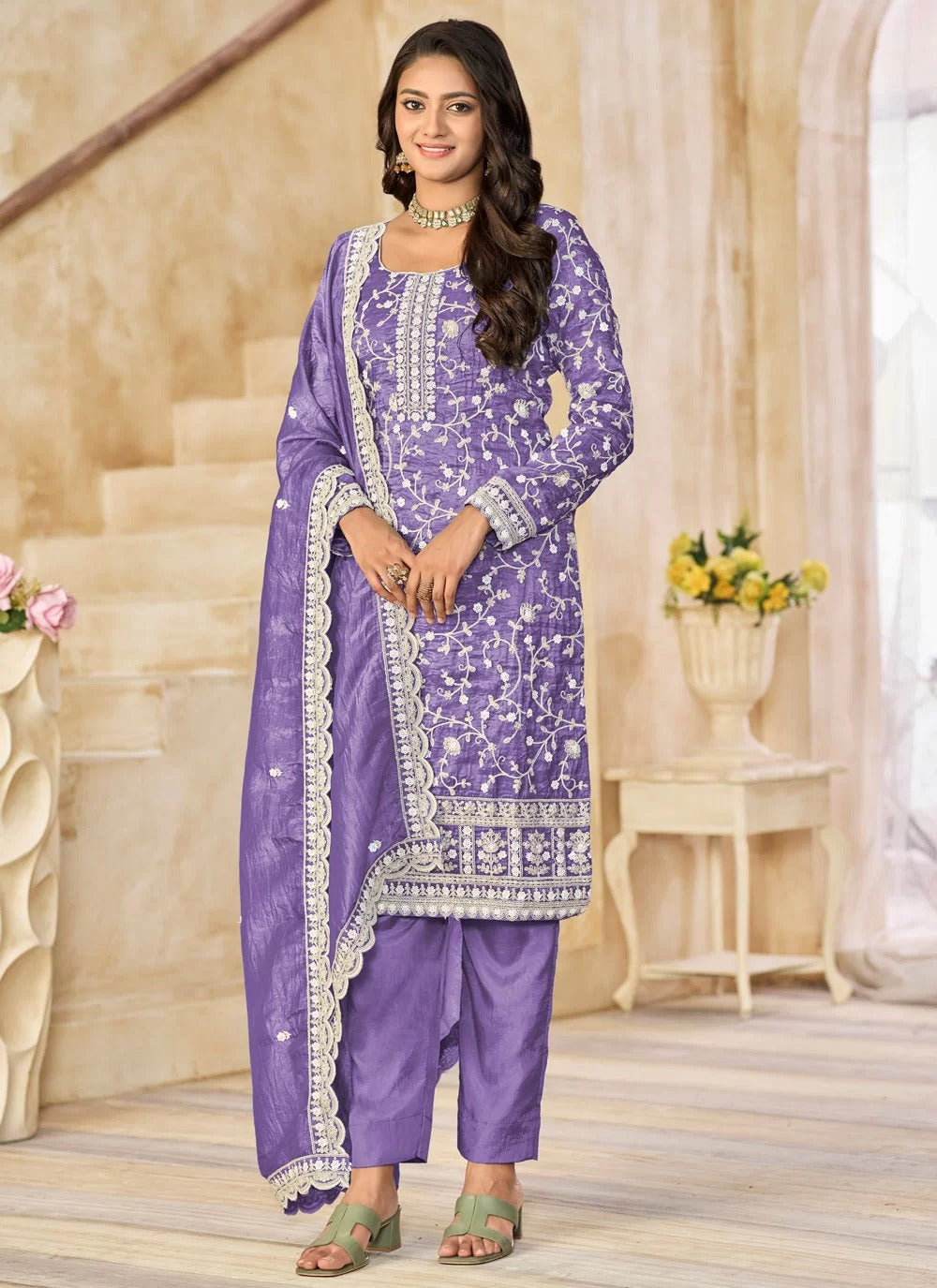 Elegant violet organza gold crush festive salwar kameez set