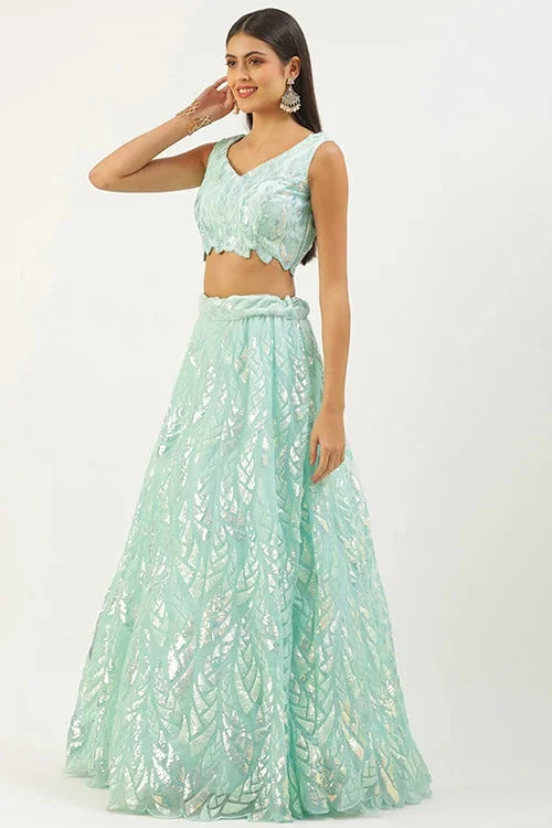 Bollywood Style Blue Lehenga Choli with Thread Embroidery
