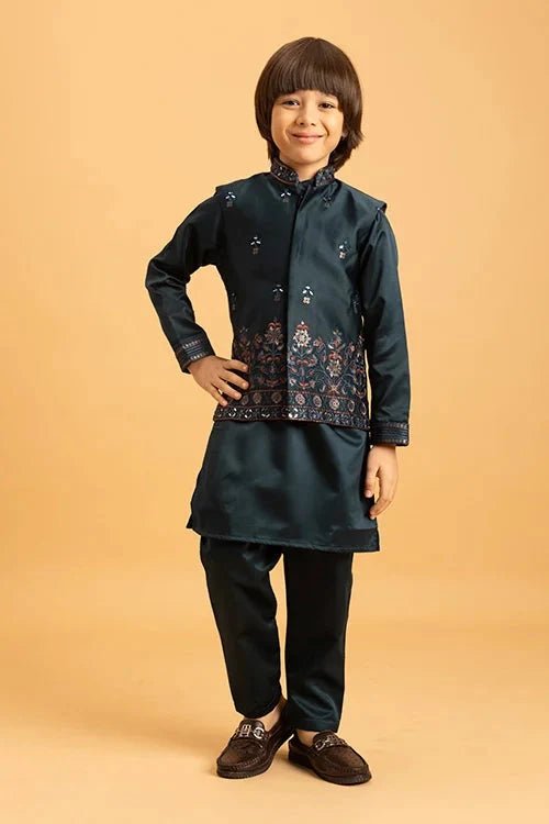 Dark Green Mirror Work Embroidered Koti Kurta for Kids Wear