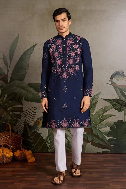 Wedding Special Navy Blue Embroidered Mens Kurta Set