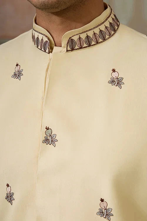 Haldi Special Light Yellow Koti Kurta Set for Mens Wear
