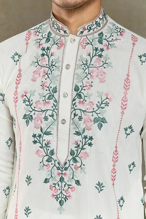 Wedding Special White Embroidered Silk Kurta