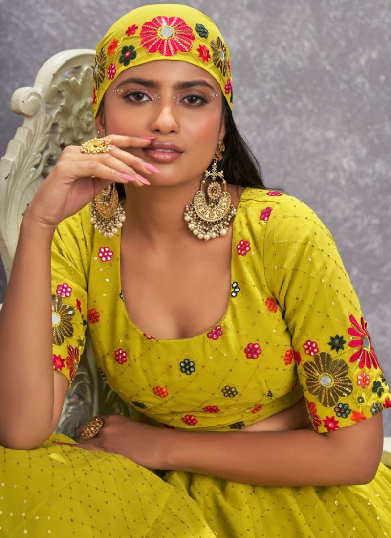 Embroidered Fluorescent Green Georgette Lehenga Choli