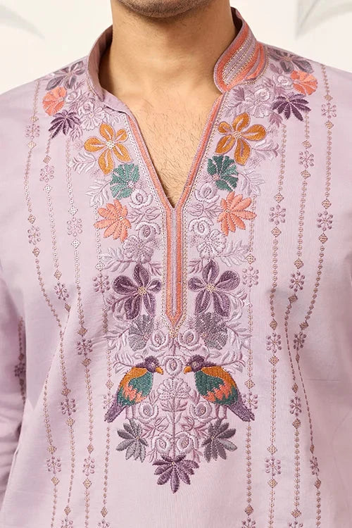 Royal Look Lavender V Neck Kurta Pant for Mens Wear